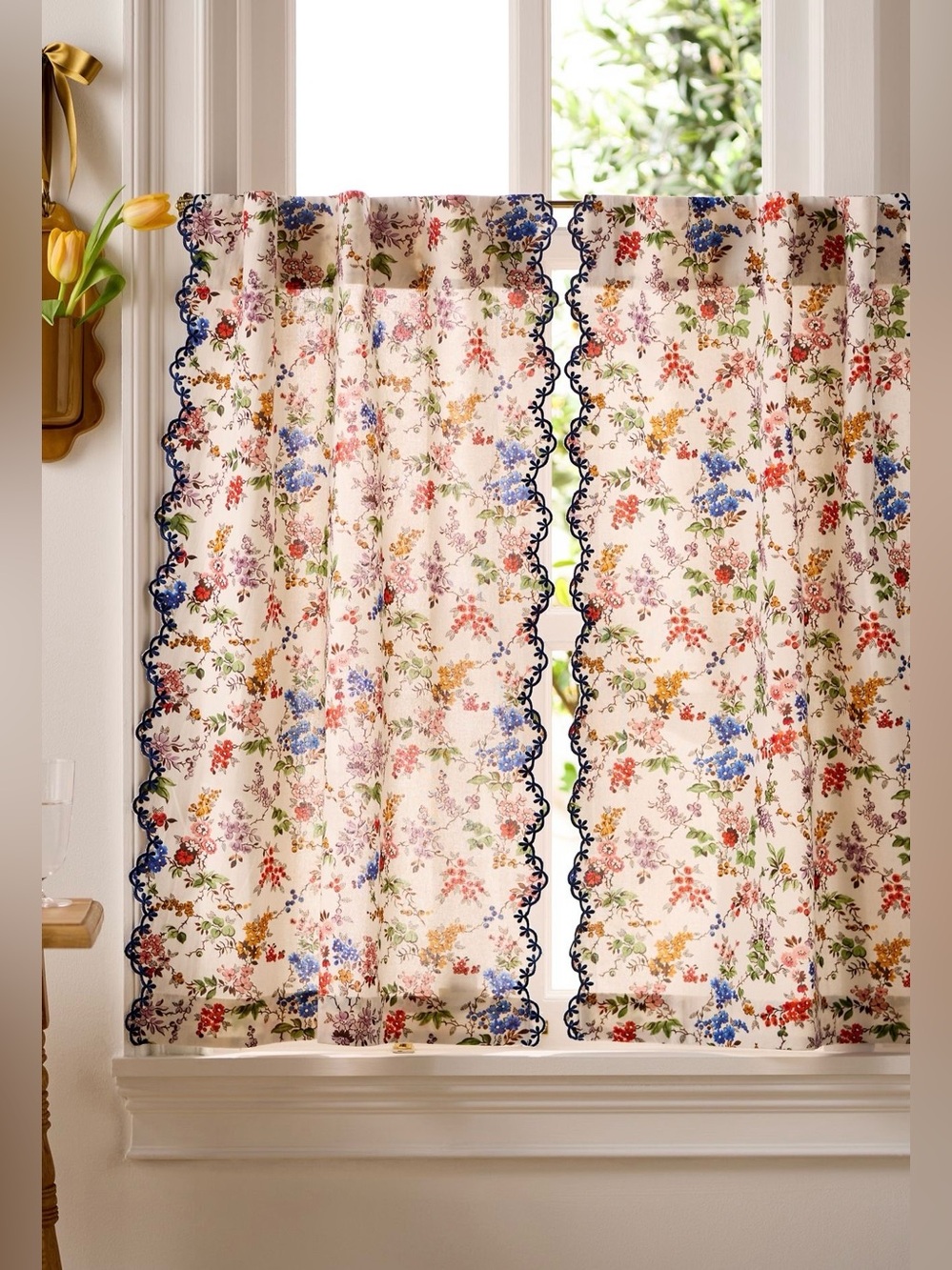 Anthropologie Alina Cotton Printed Embroidered Scalloped Cafe Curtain, Set of 2
